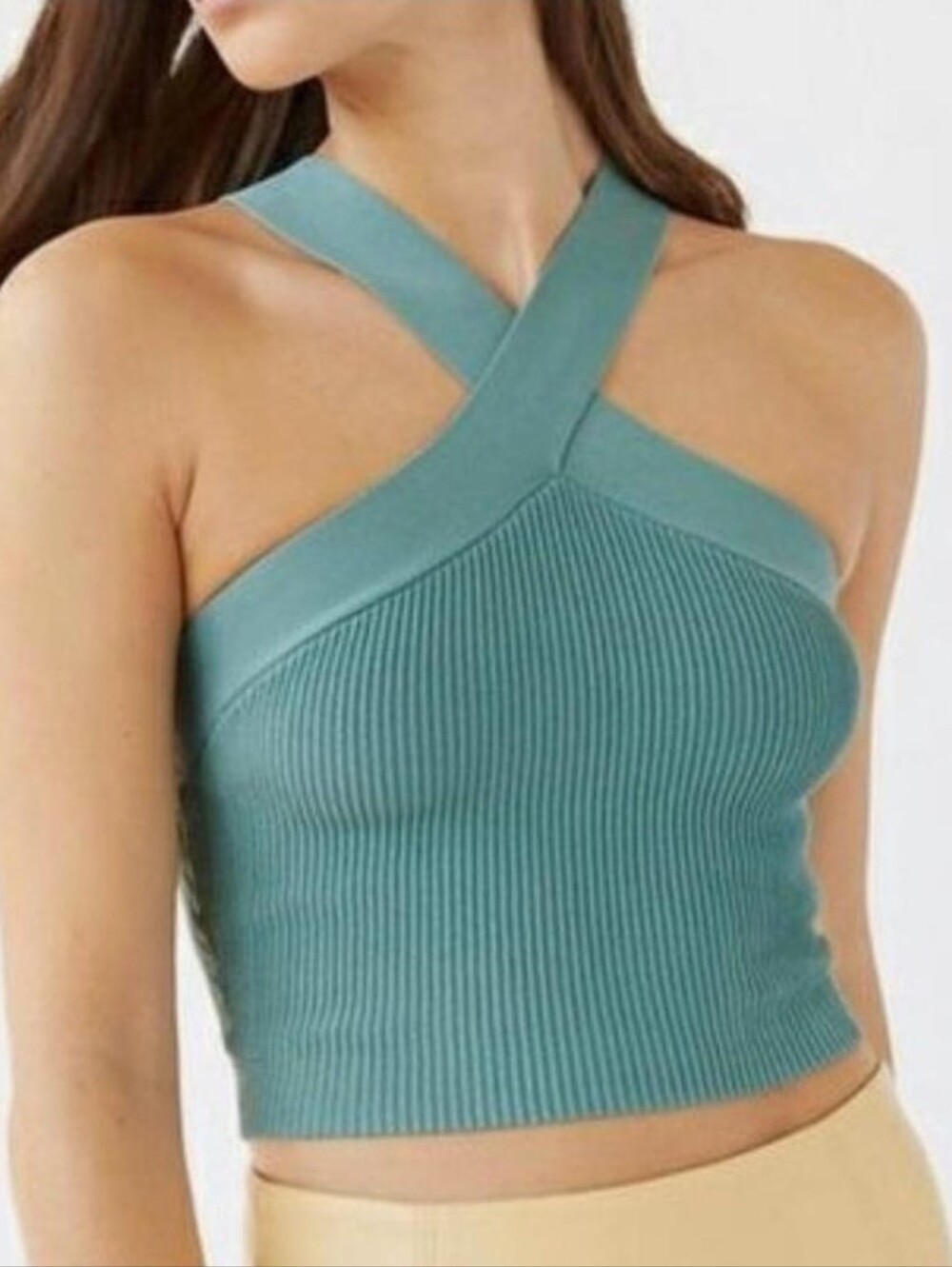 Aritzia Babaton Crop Top Sz M Cropped Ribbed Sculpt Knit Yucca Green Criss Cross